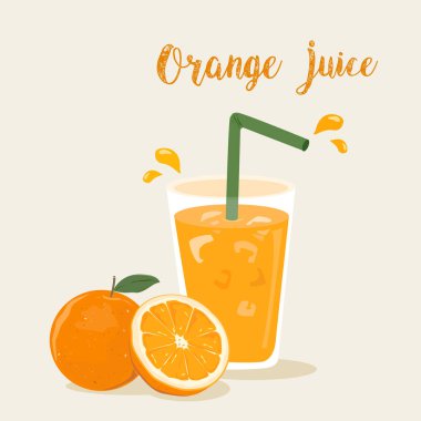 Beyaz arka planda izole edilmiş yeşil pipetli bir bardakta portakal suyu. Yeşil yapraklı turunçgil dilimi. 