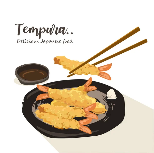 Shrimp Tempura Recipe Illustration Vector Deep Fried Shrimps Sauce Japanese — Stock Vector