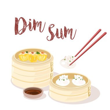 Steamed dumpling dim sum in a traditional bamboo steamer on white backgrounds. Vector illustration.