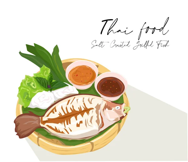 Thai Salt Crusted Grilled Fish Resep Vektor Pada Latar Belakang - Stok Vektor