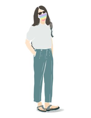 A woman wears a white t-shirt, green trousers, and an LGBT sign-color mask on her face. Flat drawing on white background.