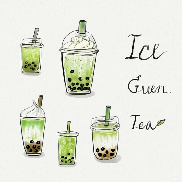 Ensemble Illustrations Thé Vert Matcha Smoothie Collection Tasses Tasses Verres — Photo