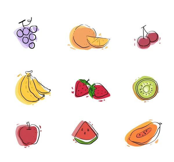 Frutas Frescas Linha Fina Ícones Cor Definir Desenho Animado Frutas — Vetor de Stock