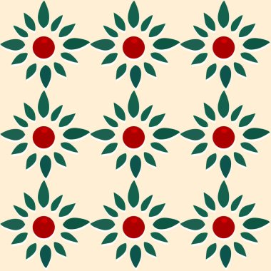 Tayland motifli çiçek yaprakları kusursuz desenli vektör krem rengi arka plan. Kırmızı ve yeşil renk. Kumaş tekstil tasarımları ve arka planlar için harika.