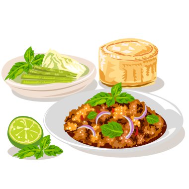 Tayland Baharatlı Kıymalı Domuz Salatası (Larb Moo) vektör çizimi beyaz arkaplanda izole edildi