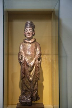 Kutsal Piskopos, yaldızlı ve polikrom ahşap oyma, 12. yüzyıl, Huesca Diyocesan Müzesi, Aragon Topluluğu, İspanya