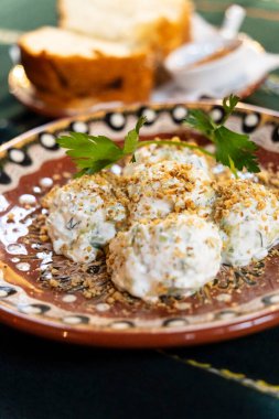 Salatalıklı Trakya salatası ve Bulgar yoğurdu, Manastirska Magernitsa, geleneksel Bulgar restoranı, Sofya, Bulgaristan Cumhuriyeti, Avrupa