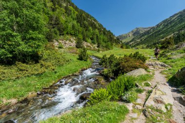 Canya de La Rabassa 'daki yürüyüşçüler, Rialb Vadisi, Ordino Bölgesi, Andorra, Avrupa