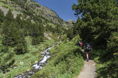 Yürüyüşçüler yolda, Fontfreda, Rialb Vadisi, Ordino bölgesi, Andorra, Avrupa
