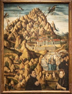 Montserrat Bakiresi bağışçılarla birlikte, (Moreneta) 17. yüzyıl tuvalinde resim, anonim, Katalonya Barok Müzesi, Manresa, İspanya