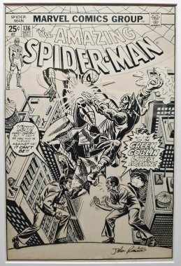 John Romita, The Green Goblin Lives Again, The Amazing Spider-Man, 136 numara, cover, Marvel, 1974, Hindistan mürekkebi, Girona, İspanya 'da sergilendi.