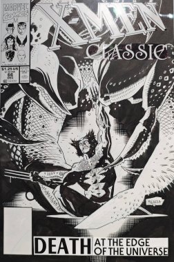 Mike Mignola, Evren 'in kıyısında ölüm, X-Men Klasikleri, hayır. 66, cover, Marvel, 1991, Çin mürekkebi kağıda dökülmüş, İspanya Girona 'da sergilenmiş.
