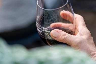 Elinde bir kadeh kırmızı şarap, Sant Blai bahçesinin mabedi, Campos, İspanya