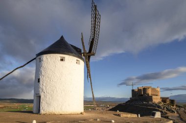 Molinos de Consuegra con el castillo de la Muela al fondo, cerro Calderico, Consuegra, provincia de Toledo, Castilla-La Mancha, İspanya