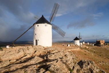 Molinos de Consuegra con el castillo de la Muela al fondo, cerro Calderico, Consuegra, provincia de Toledo, Castilla-La Mancha, İspanya