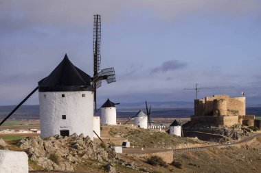 Molinos de Consuegra con el castillo de la Muela al fondo, cerro Calderico, Consuegra, provincia de Toledo, Castilla-La Mancha, İspanya