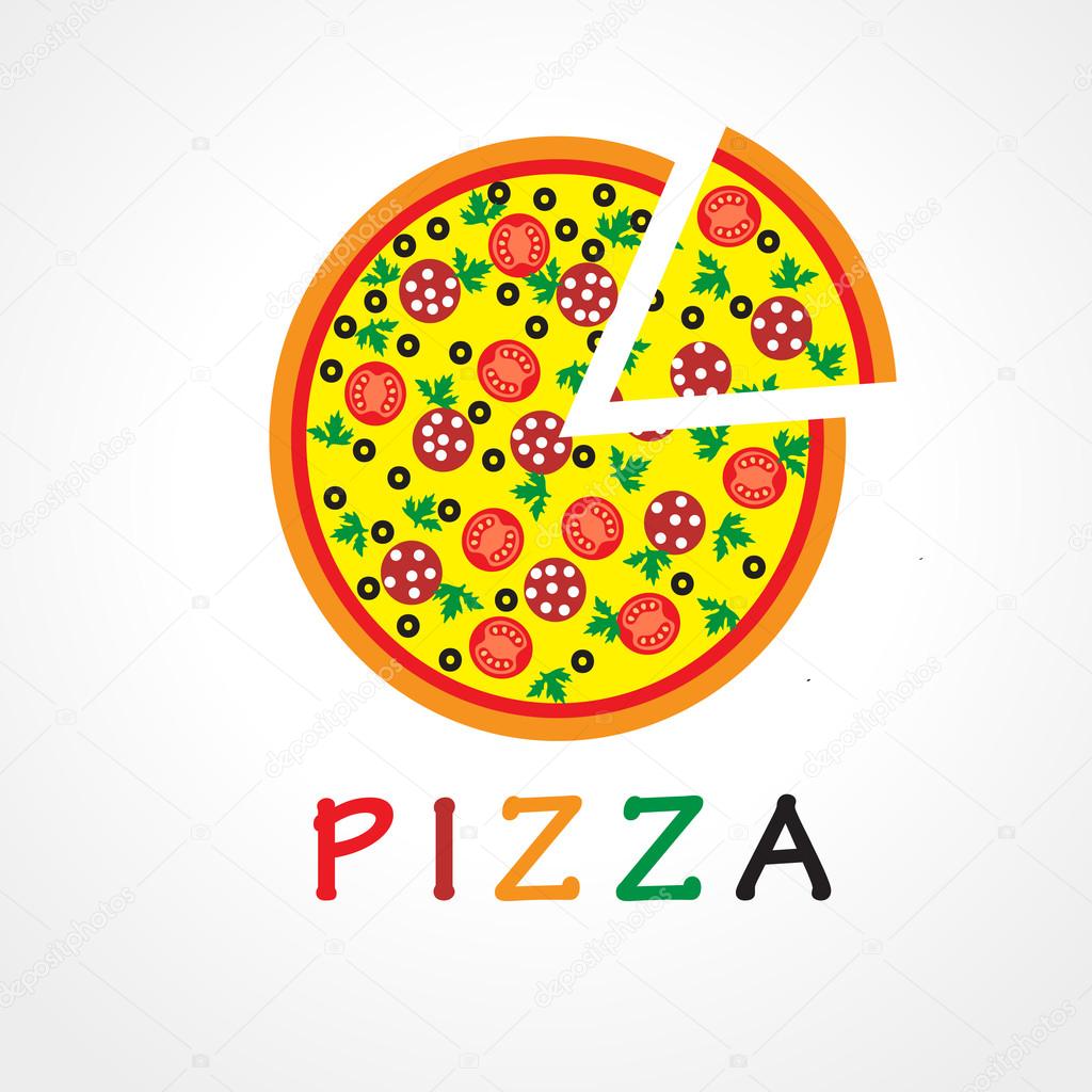 Pizza delivering  logotype. Illustration of pizza with sausages and mushrooms. Piece of pie of fastfood brand abstract sign.