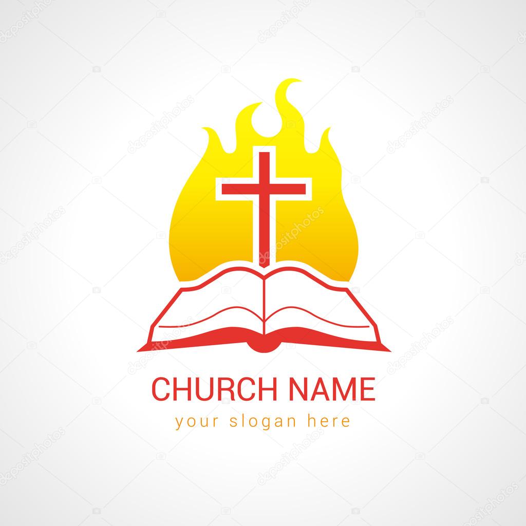 Church logotype. Religious studying, reading, learning educational symbol, traditional isolated crucifixion template. Fiery flaming shining burning glowing red sign. Word of god online internet channel.