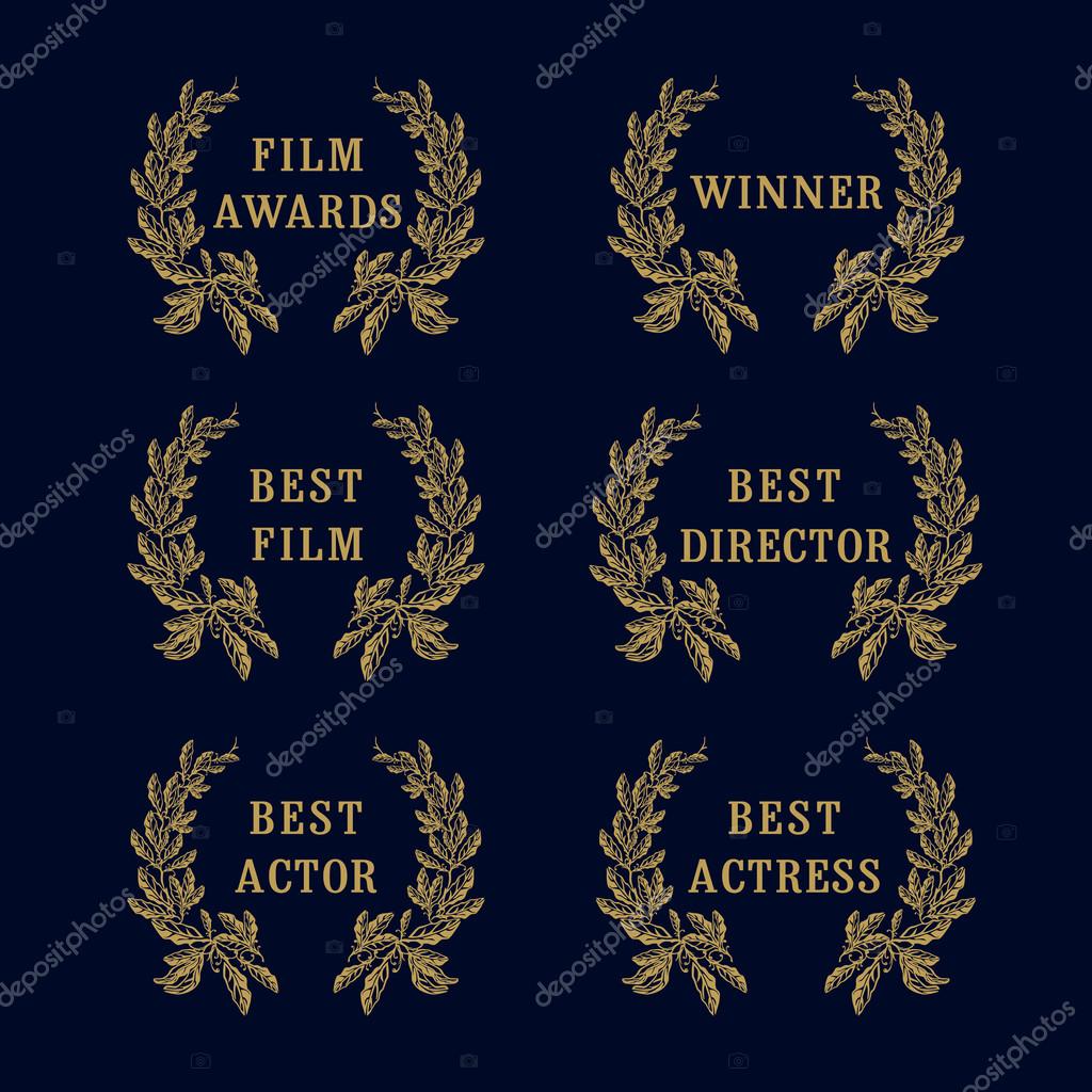 Set of awards greetings, palms frame logotype. Luxurious premium isolated celebrating congratulating arts branches, round template, dark, black background. Mark of honor emblem. Best seller sign design idea. Symbol of victory.