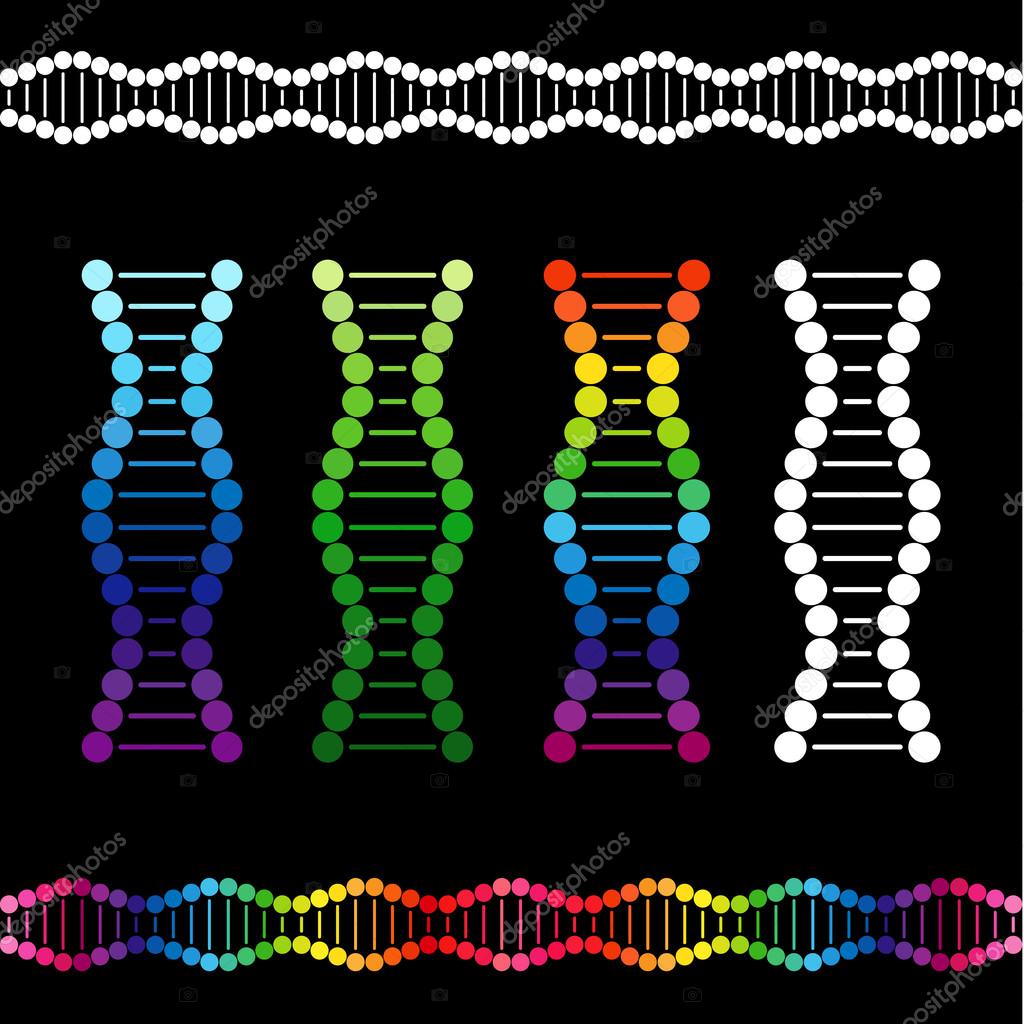 Set of colored DNA. Blue coloured picture, molecule of deoxyribonucleic acid. Logotype of genetically modified organisms testing. Abstract pattern of genes, colorful graphic clipart template collection.