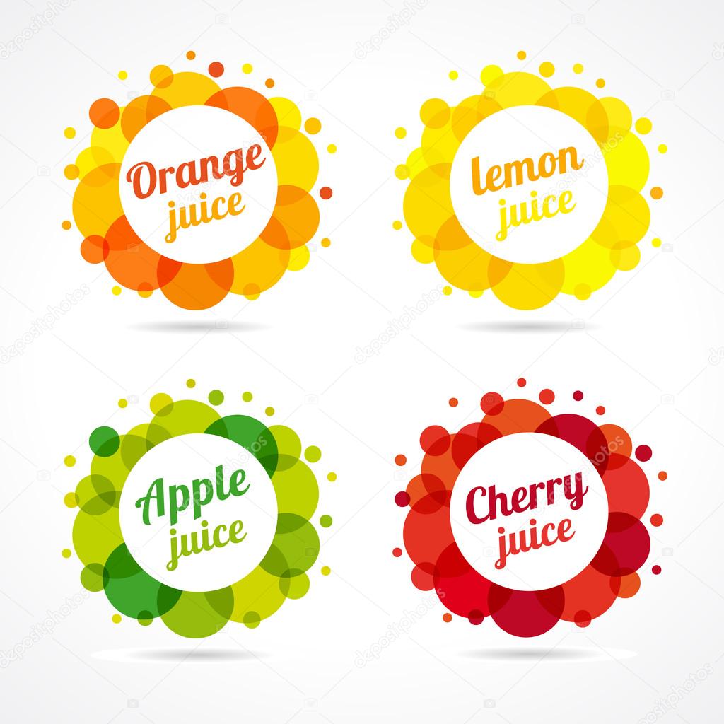 Set of logotypes. Food and beverage business. Isolated emblems, buttons or banners. Round bright coloured framed graphic template. Citrus, berry healthy natural product. Green, yellow, red collection.