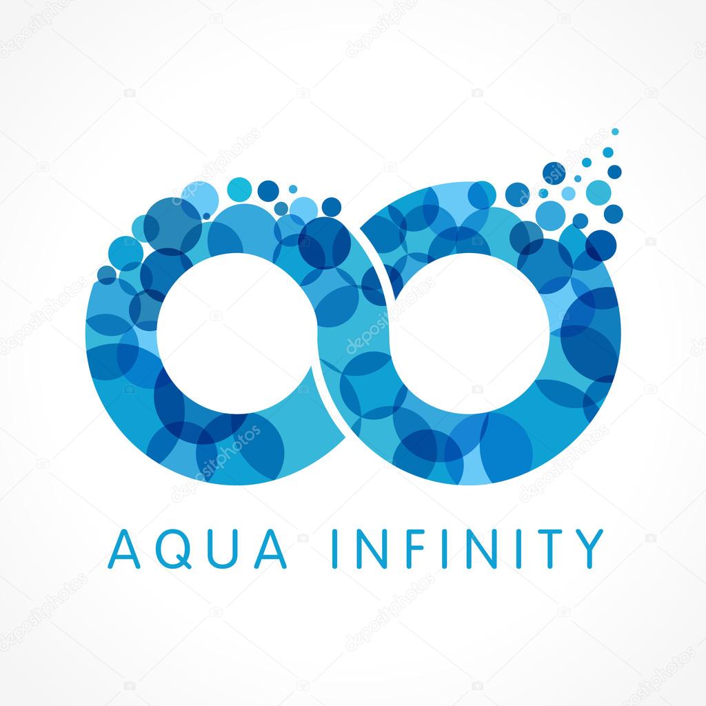 Infinity fizzy logotype concept. Stained blue colour internet button. Isolated modern infinite shape, abstract graphic web design template. Renewable natural water resource creative logo idea.