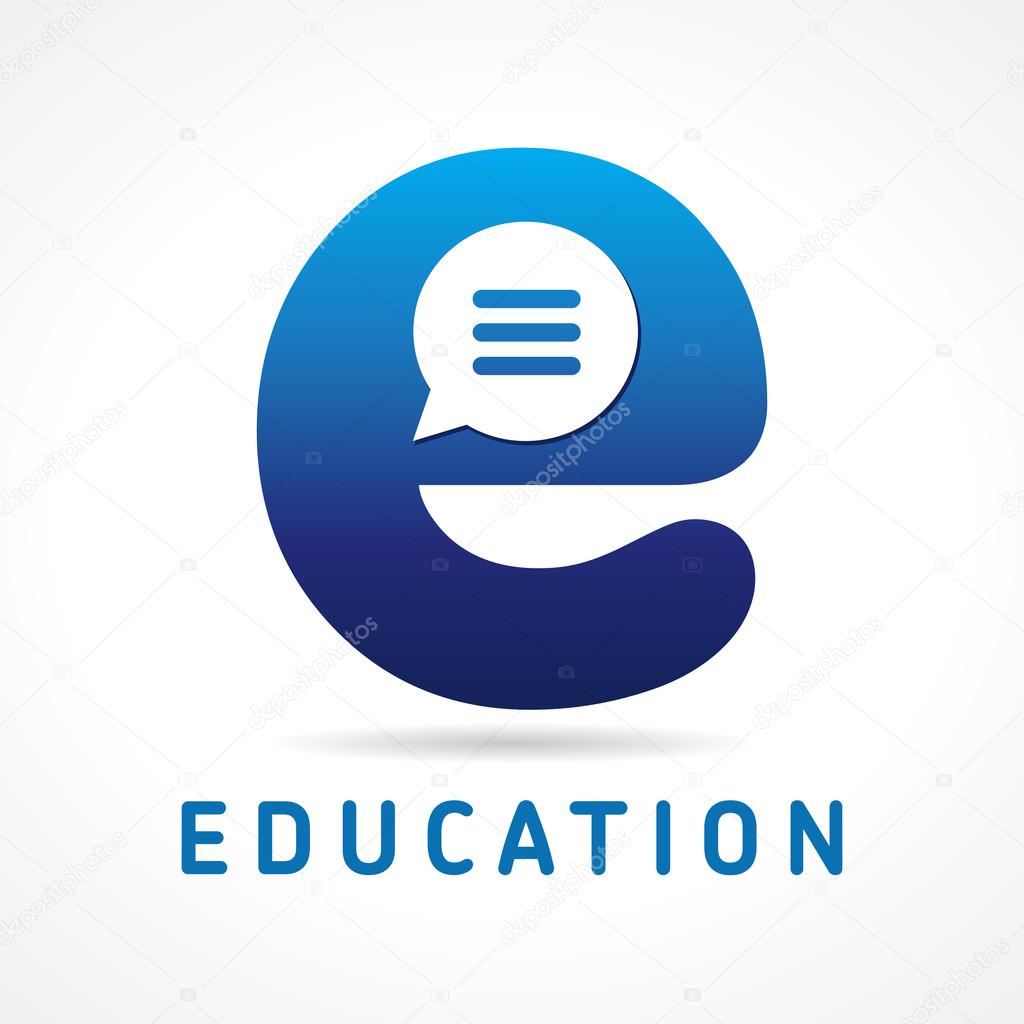 E logotype. Educational consult, blue coloured volume. I.Q. contact us template, computer or smartphone settings. Learning, teaching, e-reader, training, publishing, studying abstract isolated concept