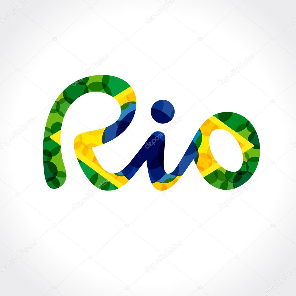 Welcome to Rio de Janeiro logotype. Inscription Brazil vacation on white background, name emblem, state colours and decorative lettering Abstract isolated graphic label template. Colorful pattern.