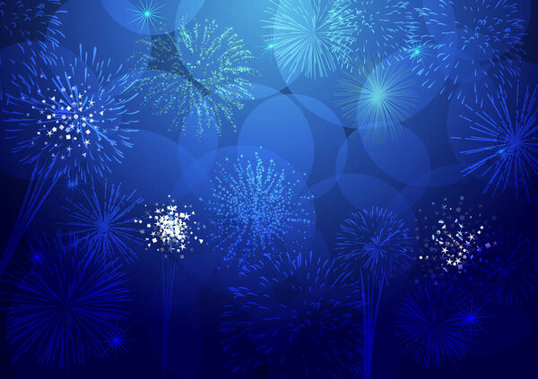 Holiday night background. Abstract isolated graphic design template. Deep blue color gradient, shining luxury elements. Glittering fireworks. Beautiful backdrop. Vector texture, transparent effects.