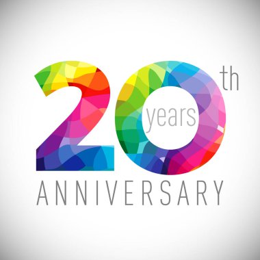20. yıl dönümü numaraları. 20 yıllık logoti. Parlak tebrikler. Soyut grafik tasarım şablonu. Yaratıcı 2, 0 işareti. Üç boyutlu rakamlar. % 20 'ye kadar,% 20 indirimli. Tebrikler konsepti.