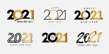 2021 'in büyük seti Mutlu Yıllar Altın ve siyah logo metin tasarımı. 20 & 21 numara tasarım şablonu. 2021 Xmas sembolü koleksiyonu. Beyaz arkaplanda siyah etiketli vektör illüstrasyonu