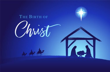 İsa 'nın doğumu, kutsal aile ve ahır. Bebek İsa, üç bilge krala ulaşır ve İsa 'nın doğumu Noel grafikleri dizaynı Bethlehem' in yıldızıdır. Vektör illüstrasyon Mary ve Joseph mavi üzerine siluet