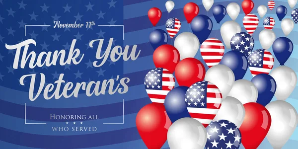 Thank you Veterans phrase and flying in the sky balloons. Veterans day November 11th, hand-lettering greeting card. Holiday typography poster with balloons and flag