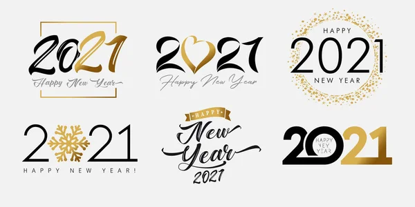 Big Set 2021 Szczęśliwego Nowego Roku Złote Czarne Logo Sercem — Wektor stockowy