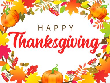 Balkabağı, böğürtlen ve yapraklı Şükran Günü tipografi posterin kutlu olsun. Sonbahar kartpostalları, indirimli afişler ve rozetler için el yazısı ile 