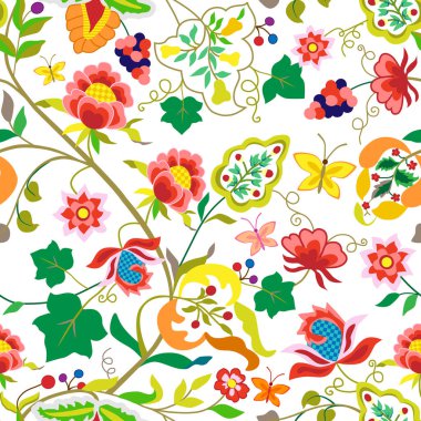 Halk çiçekleri, beyaz arka planda izole edilmiş klasik tarzda kusursuz desenler sergiliyorlar. Etnik çiçekler, yapraklar, üzüm dalları ve kelebekli vektör baskısı. Tekstil için geleneksel moda öğesi
