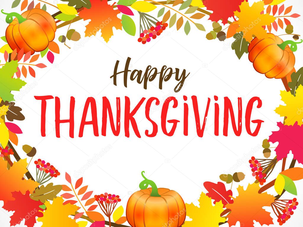 Happy Thanksgiving typography poster with wreath maple, berries leaves and pumpkin. Hand drawn quote 