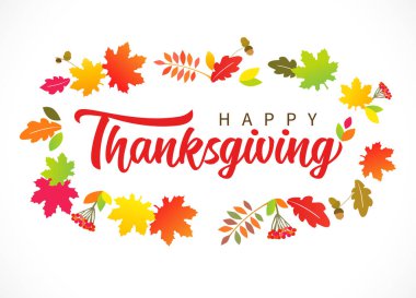 Böğürtlen, akçaağaç yaprağı ve meşe yaprağıyla Şükran Günü posteri afişleriniz kutlu olsun. Elle çizilmiş tipografi, sonbahar kartpostalları, indirimli afişler ve rozetler için 