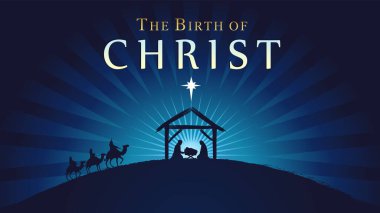 İsa 'nın doğumu, bebek İsa' nın ahırdaki Noel sahnesi. Kutsal aile, üç bilge kral ve Beytüllahim 'in yıldızı, pankart tasarımı. Meryem ve Yusuf 'un silueti ile Vektör Doğumu çizimi
