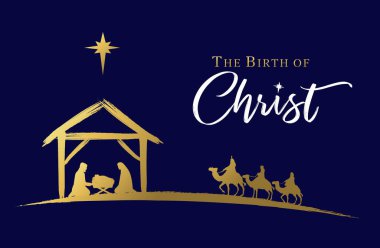 İsa 'nın doğumu, İsa' nın doğumu sahnesi. Kutsal aile, üç bilge kral ve Beytüllahim 'in yıldızı, pankart tasarımı. Vektör Noel Altın Çizim silueti Mary ve Joseph