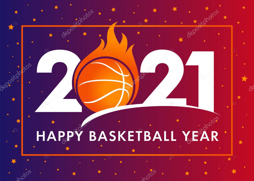 Happy Basketball Year 2021 with text and ball in fire on orange background. Merry Christmas vector illustration with 2, ball & 21 numbers, invitation card for winter basketball tournament