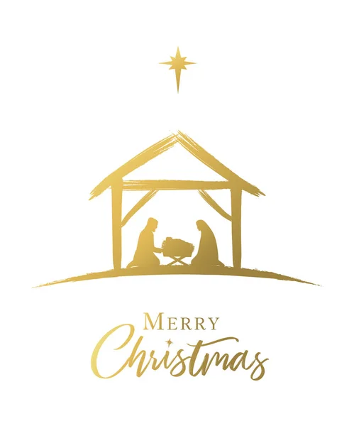 圣诞快乐 耶稣降生的场景 金黄色的马槽里 基督的诞生 神圣的家庭 伯利恒的明星 贺卡的设计 矢量图片说明玛丽和约瑟夫 — 图库矢量图片
