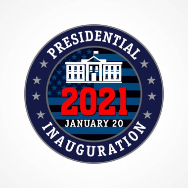 Başkanlık açılış töreni ABD, Ocak 2021 amblem bayrağı. Yaratıcı kilitleme, sosyal mesafeli ABD başkanının bayrak ve Beyaz Saray ile göreve başlama töreni. İzole edilmiş rozet vektör grafik tasarımı