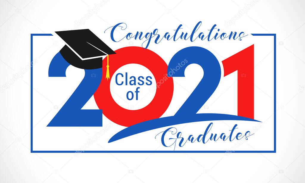 Class of 2021 year graduation banner, awards concept. Holiday red and blue colored invitation card. Brush stroke calligraphy. Isolated digits, abstract graphic design template.  White paper background