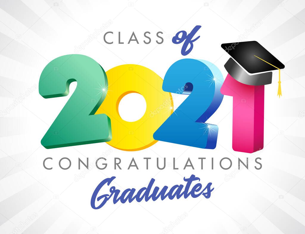Class of 2021 year graduation banner, awards concept. Class off holiday invitation card. 3D coloured digits 20, 21. Isolated abstract graphic design template. Brush stroke calligraphy. White backdrop.