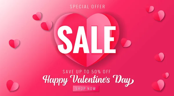 Happy Valentines Day Sale Pink Banner Paper Heart Valentine Day — Stock Vector