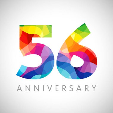 56. yıldönümü numaraları. 56 yaşında bir logoti. Parlak tebrikler. Soyut grafik tasarım şablonu. Yaratıcı 5, 6 işaret, 3 boyutlu rakamlar. % 56 'ya kadar,% 56 indirimli. Tebrikler konsepti.