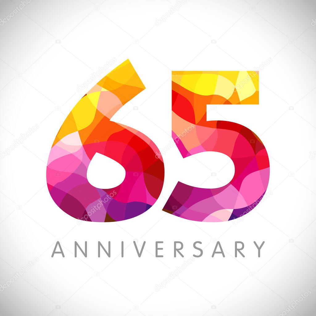 65 th anniversary numbers. 65 years old logotype. Bright congrats. Isolated abstract graphic web design template. Creative 5, 6 3D digits. Up to 65% percent off discount idea. Congratulation concept.