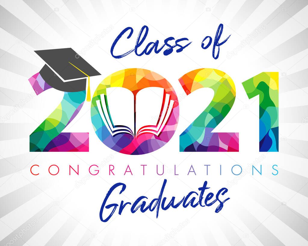 Class of 2021 year graduation banner. Class off holiday colour invitation card. 3D digits 20, 21 with open book. Isolated abstract graphic design template. Brush stroke calligraphy. White background.