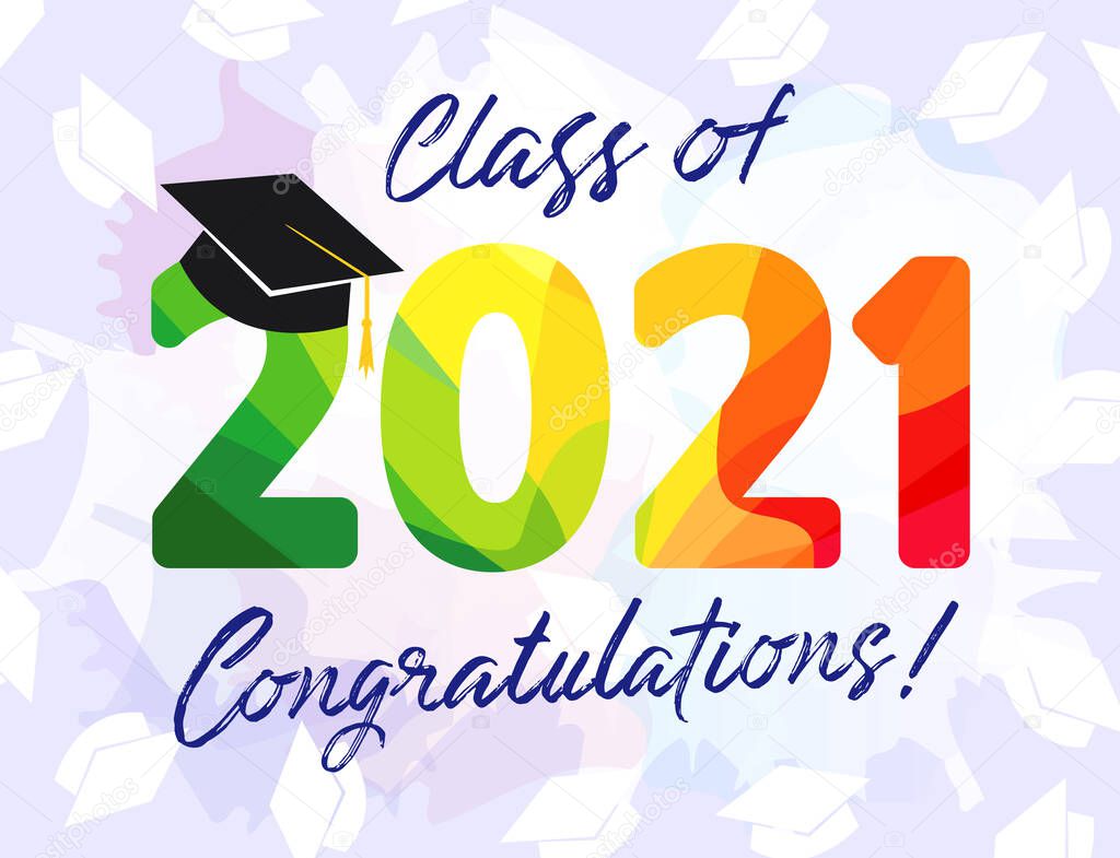 Class of 2021 year graduation banner. Class off happy holiday invitation card. Stained glass 3D digits zero, 1, 2. Isolated abstract graphic design template. Brush stroke calligraphy. White background